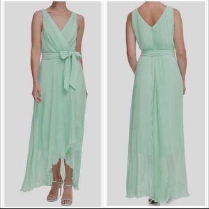 DKNY Mint Green Pleated Wrap High Low Chiffon Belted Dress Women Size 14 Party